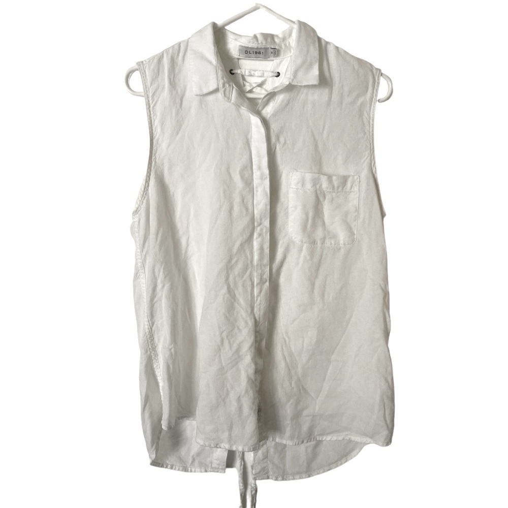 DL 1961‎ Linen Lace-Up Back Sleeveless Collared Blouse Top  White 14